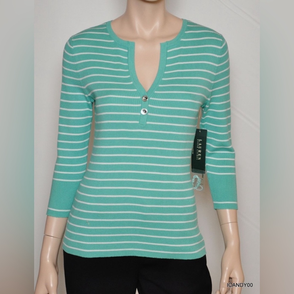 Lauren Ralph Lauren Mint-Striped Henley Rib Knit Top